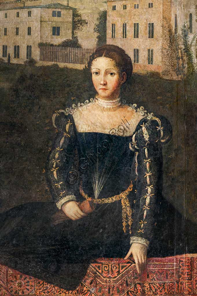 Brescia, Palazzo Martinengo Salvadego: detail of the Small Room of the Noble Ladies. The decoration was commissioned by Gerolamo Martinengo da Padernello on the occasion of his wedding with Eleonora Gonzaga, celebrated on February 4, 1543. Oil paintings on canvas glued to the walls, by Alessandro Bonvicino called "Il Moretto", (1543-1546). Detail with a portrait of a noblewoman.