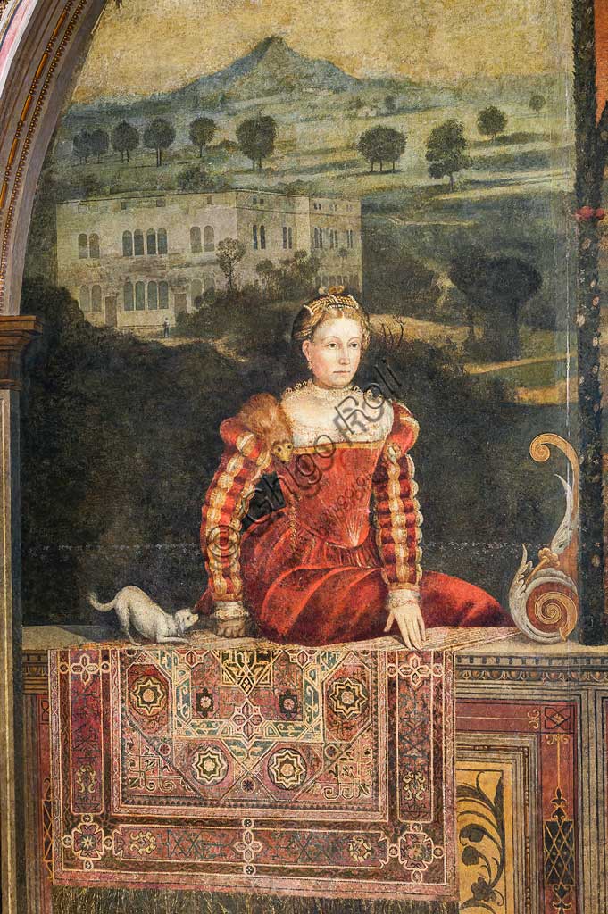 Brescia, Palazzo Martinengo Salvadego: detail of the Small Room of the Noble Ladies. The decoration was commissioned by Gerolamo Martinengo da Padernello on the occasion of his wedding with Eleonora Gonzaga, celebrated on February 4, 1543. Oil paintings on canvas glued to the walls, by Alessandro Bonvicino called "Il Moretto", (1543-1546). Detail with a portrait of a noblewoman.