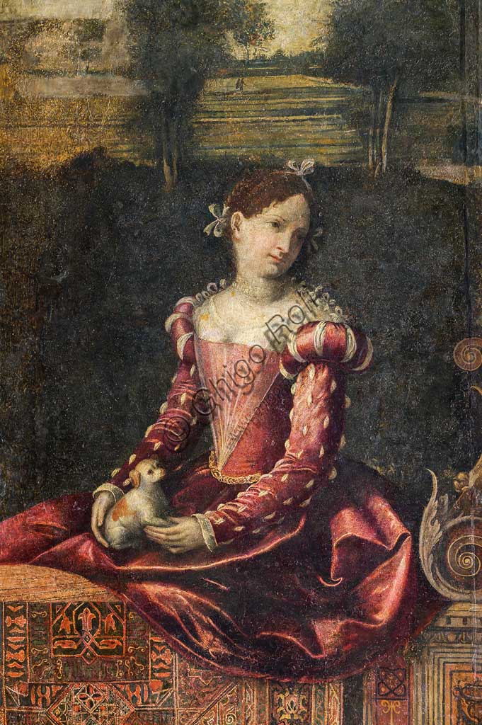 Brescia, Palazzo Martinengo Salvadego: particolare della Saletta delle Nobili Dame. La decorazione fu commissionata da Gerolamo Martinengo da Padernello in occasione delle sue nozze con Eleonora Gonzaga celebrate il 4 febbraio 1543. Dipinti a olio su tela incollata alle pareti, di Alessandro Bonvicino detto "Il Moretto", 1543-1546. Particolre con ritratto di nobildonna.