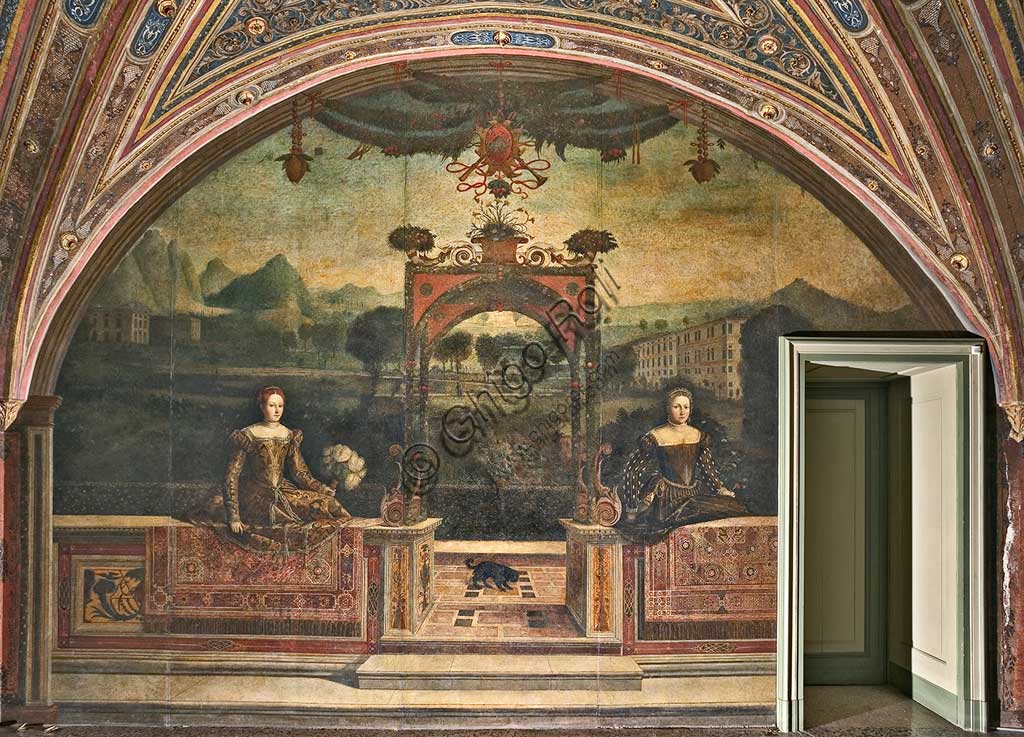 Brescia, Palazzo Martinengo Salvadego: particolare della Saletta delle Nobili Dame. La decorazione fu commissionata da Gerolamo Martinengo da Padernello in occasione delle sue nozze con Eleonora Gonzaga celebrate il 4 febbraio 1543. Dipinti a olio su tela incollata alle pareti, di Alessandro Bonvicino detto "Il Moretto", 1543-1546. 