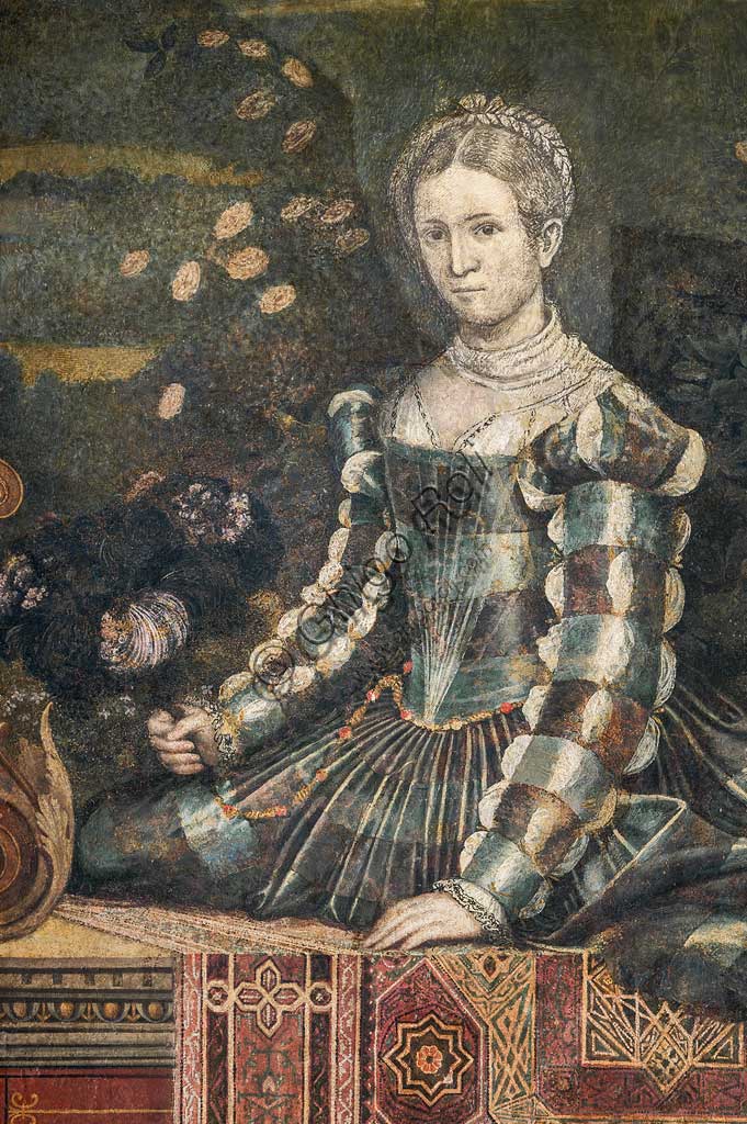 Brescia, Palazzo Martinengo Salvadego: particolare della Saletta delle Nobili Dame. La decorazione fu commissionata da Gerolamo Martinengo da Padernello in occasione delle sue nozze con Eleonora Gonzaga celebrate il 4 febbraio 1543. Dipinti a olio su tela incollata alle pareti, di Alessandro Bonvicino detto "Il Moretto", 1543-1546. Particolre con ritratto di nobildonna.