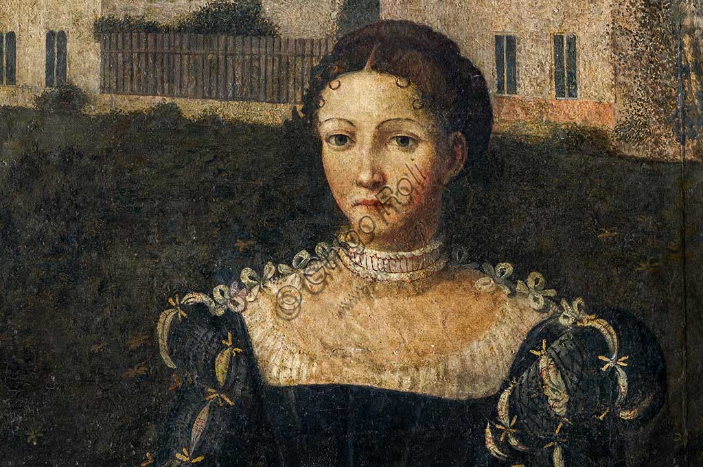 Brescia, Palazzo Martinengo Salvadego: particolare della Saletta delle Nobili Dame. La decorazione fu commissionata da Gerolamo Martinengo da Padernello in occasione delle sue nozze con Eleonora Gonzaga celebrate il 4 febbraio 1543. Dipinti a olio su tela incollata alle pareti, di Alessandro Bonvicino detto "Il Moretto", 1543-1546. Particolre con ritratto di nobildonna.