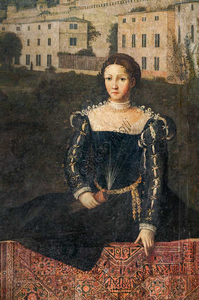 Brescia, Palazzo Martinengo Salvadego: particolare della Saletta delle Nobili Dame. La decorazione fu commissionata da Gerolamo Martinengo da Padernello in occasione delle sue nozze con Eleonora Gonzaga celebrate il 4 febbraio 1543. Dipinti a olio su tela incollata alle pareti, di Alessandro Bonvicino detto "Il Moretto", 1543-1546. Particolre con ritratto di nobildonna.