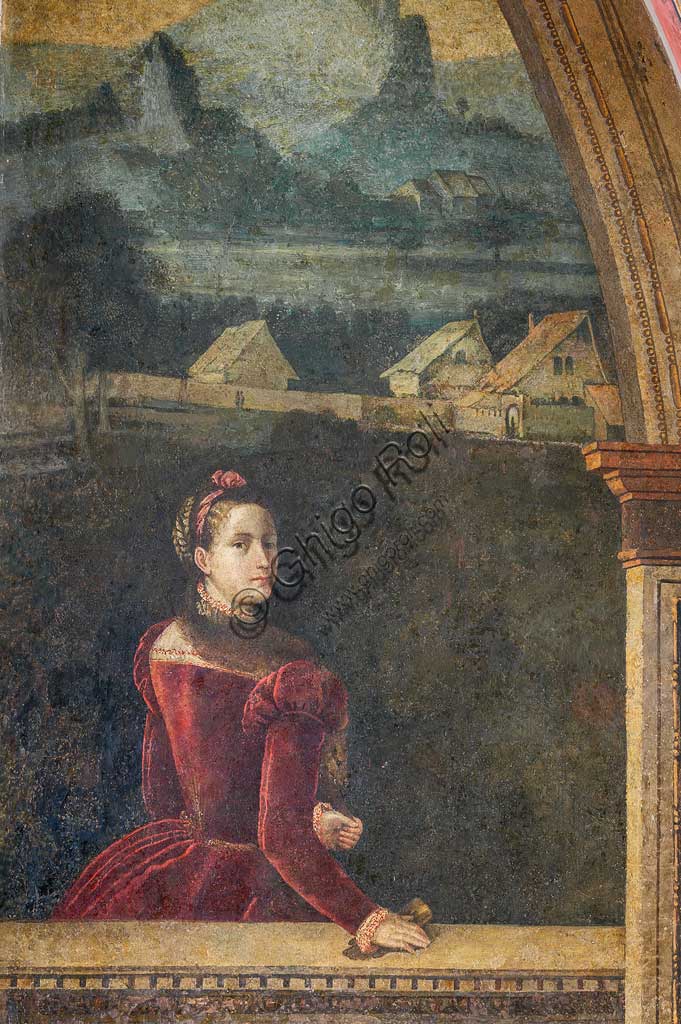 Brescia, Palazzo Martinengo Salvadego: detail of the Small Room of the Noble Ladies. The decoration was commissioned by Gerolamo Martinengo da Padernello on the occasion of his wedding with Eleonora Gonzaga, celebrated on February 4, 1543. Oil paintings on canvas glued to the walls, by Alessandro Bonvicino called "Il Moretto", (1543-1546). Detail with a portrait of a noblewoman.