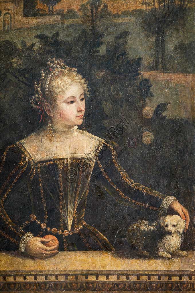 Brescia, Palazzo Martinengo Salvadego: particolare della Saletta delle Nobili Dame. La decorazione fu commissionata da Gerolamo Martinengo da Padernello in occasione delle sue nozze con Eleonora Gonzaga celebrate il 4 febbraio 1543. Dipinti a olio su tela incollata alle pareti, di Alessandro Bonvicino detto "Il Moretto", 1543-1546. Particolre con ritratto di nobildonna.