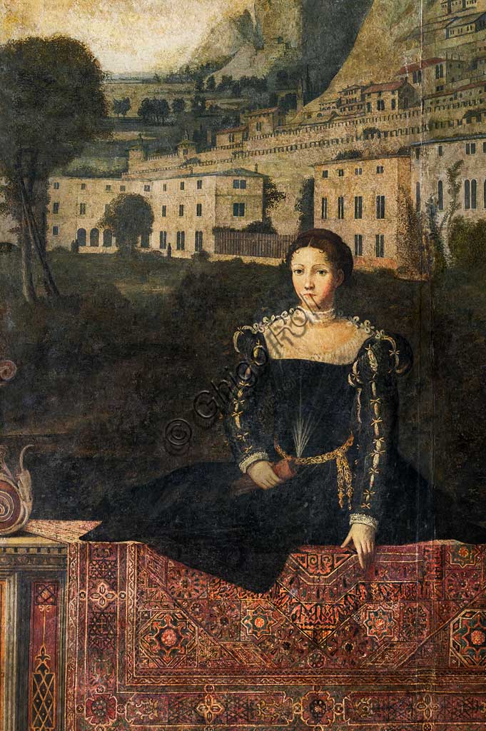 Brescia, Palazzo Martinengo Salvadego: detail of the Small Room of the Noble Ladies. The decoration was commissioned by Gerolamo Martinengo da Padernello on the occasion of his wedding with Eleonora Gonzaga, celebrated on February 4, 1543. Oil paintings on canvas glued to the walls, by Alessandro Bonvicino called "Il Moretto", (1543-1546). Detail with a portrait of a noblewoman.