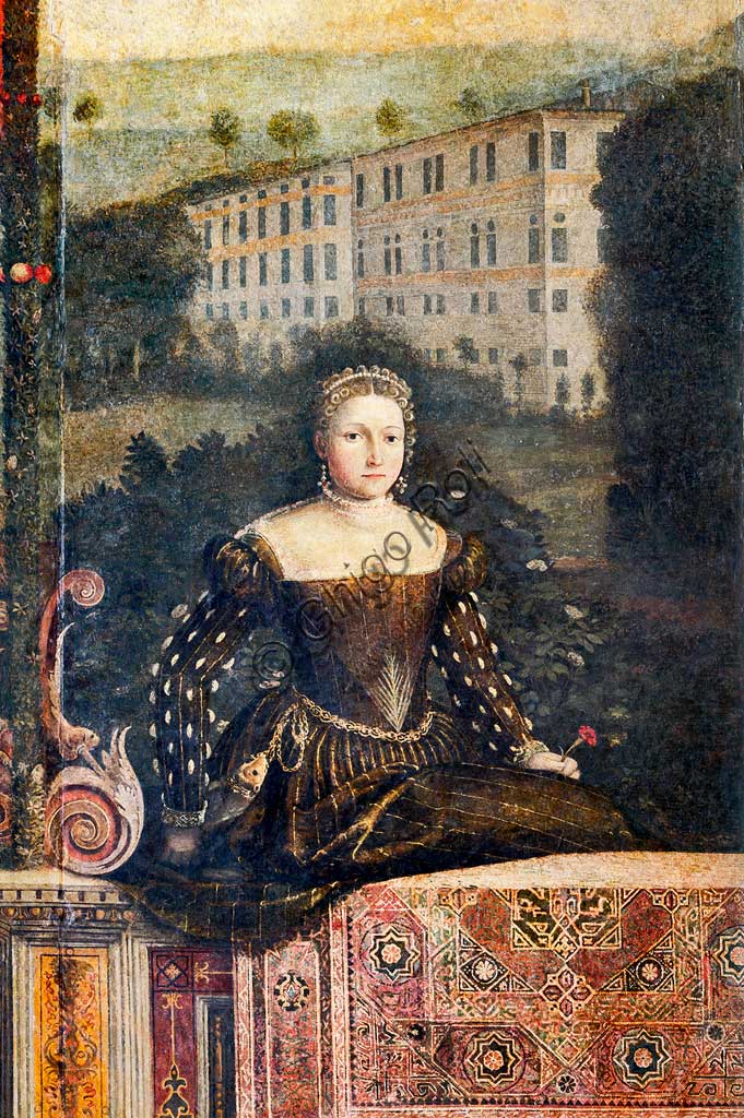 Brescia, Palazzo Martinengo Salvadego: particolare della Saletta delle Nobili Dame. La decorazione fu commissionata da Gerolamo Martinengo da Padernello in occasione delle sue nozze con Eleonora Gonzaga celebrate il 4 febbraio 1543. Dipinti a olio su tela incollata alle pareti, di Alessandro Bonvicino detto "Il Moretto", 1543-1546. Particolre con ritratto di nobildonna.