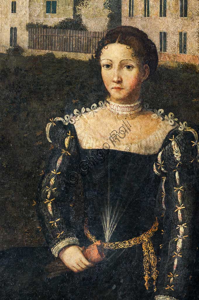 Brescia, Palazzo Martinengo Salvadego: particolare della Saletta delle Nobili Dame. La decorazione fu commissionata da Gerolamo Martinengo da Padernello in occasione delle sue nozze con Eleonora Gonzaga celebrate il 4 febbraio 1543. Dipinti a olio su tela incollata alle pareti, di Alessandro Bonvicino detto "Il Moretto", 1543-1546. Particolre con ritratto di nobildonna.