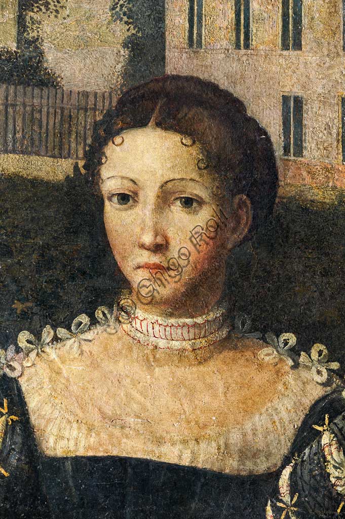 Brescia, Palazzo Martinengo Salvadego: particolare della Saletta delle Nobili Dame. La decorazione fu commissionata da Gerolamo Martinengo da Padernello in occasione delle sue nozze con Eleonora Gonzaga celebrate il 4 febbraio 1543. Dipinti a olio su tela incollata alle pareti, di Alessandro Bonvicino detto "Il Moretto", 1543-1546. Particolre con ritratto di nobildonna.