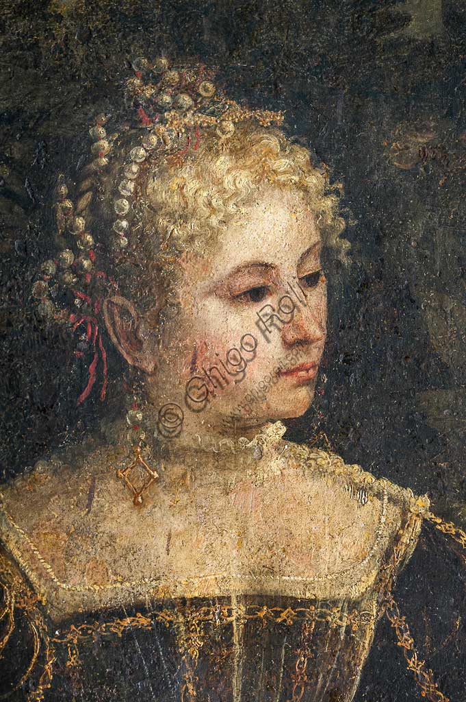 Brescia, Palazzo Martinengo Salvadego: particolare della Saletta delle Nobili Dame. La decorazione fu commissionata da Gerolamo Martinengo da Padernello in occasione delle sue nozze con Eleonora Gonzaga celebrate il 4 febbraio 1543. Dipinti a olio su tela incollata alle pareti, di Alessandro Bonvicino detto "Il Moretto", 1543-1546. Particolre con ritratto di nobildonna.