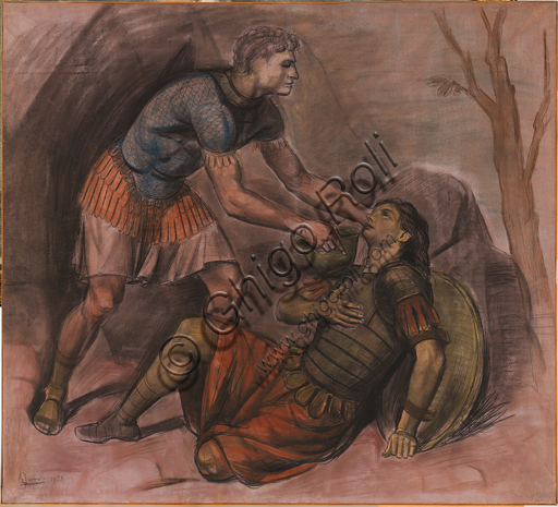Achille Funi (1890 - 1972); "Death of Clorinda" (1953, chalks and pastels on lined paper, cm 175 X 180.
