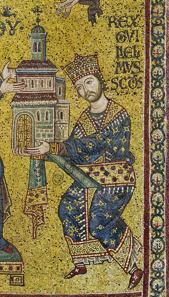 Duomo di Monreale, transetto: mosaico bizantino che raffigura Re Guglielmo II che offre la Cattedrale a Maria Vergine. Particolare.I mosaici del Duomo vennero eseguiti tra il XII e la metà del XIII secolo da maestranze in parte locali e in parte veneziane, formatesi alla scuola bizantina.