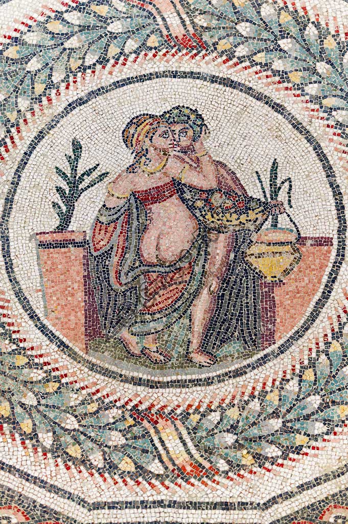 Piazza Armerina, Roman Villa of Casale, which was probably an imperial urban palace. Today it is a UNESCO World Heritage Site. Detail of the floor mosaic of the second cucbicle depicting an erotic scene.