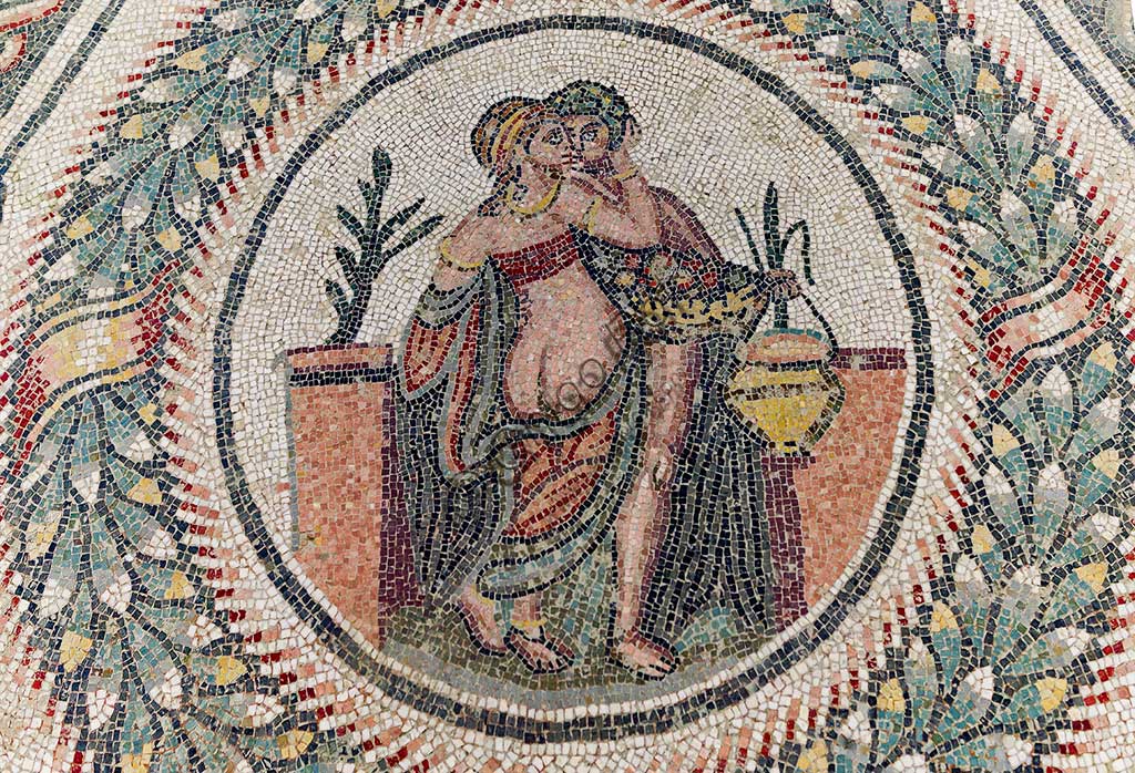 Piazza Armerina, Roman Villa of Casale, which was probably an imperial urban palace. Today it is a UNESCO World Heritage Site. Detail of the floor mosaic of the second cucbicle depicting an erotic scene.