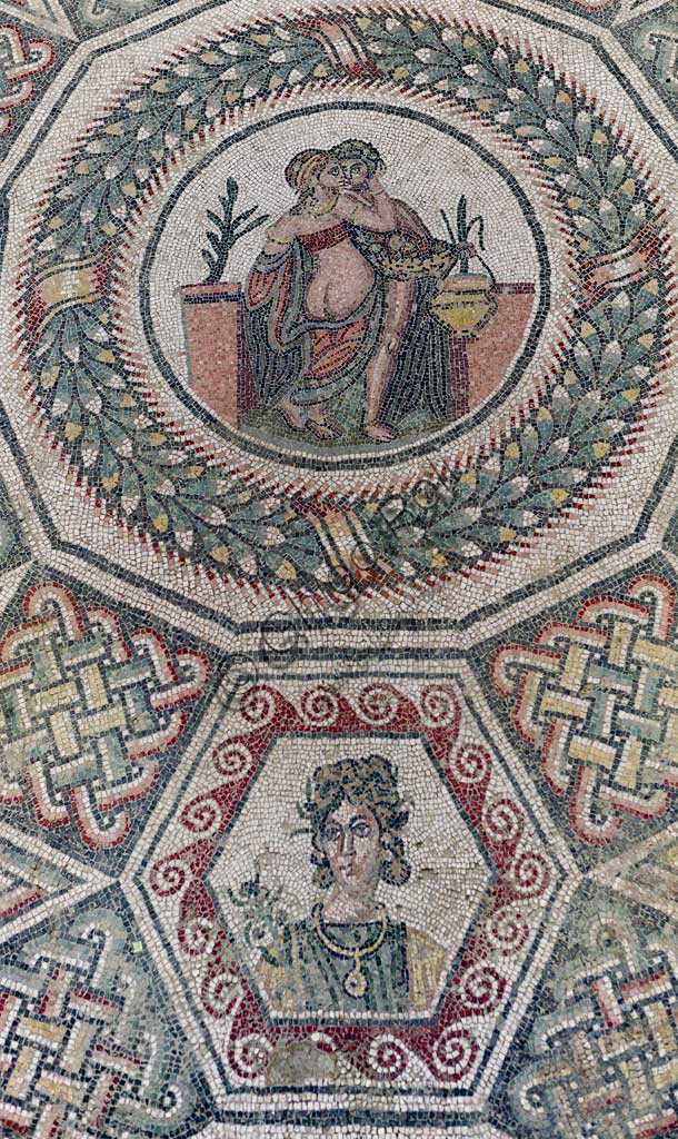 Piazza Armerina, Roman Villa of Casale, which was probably an imperial urban palace. Today it is a UNESCO World Heritage Site. Detail of the floor mosaic of the second cucbicle depicting an erotic scene.