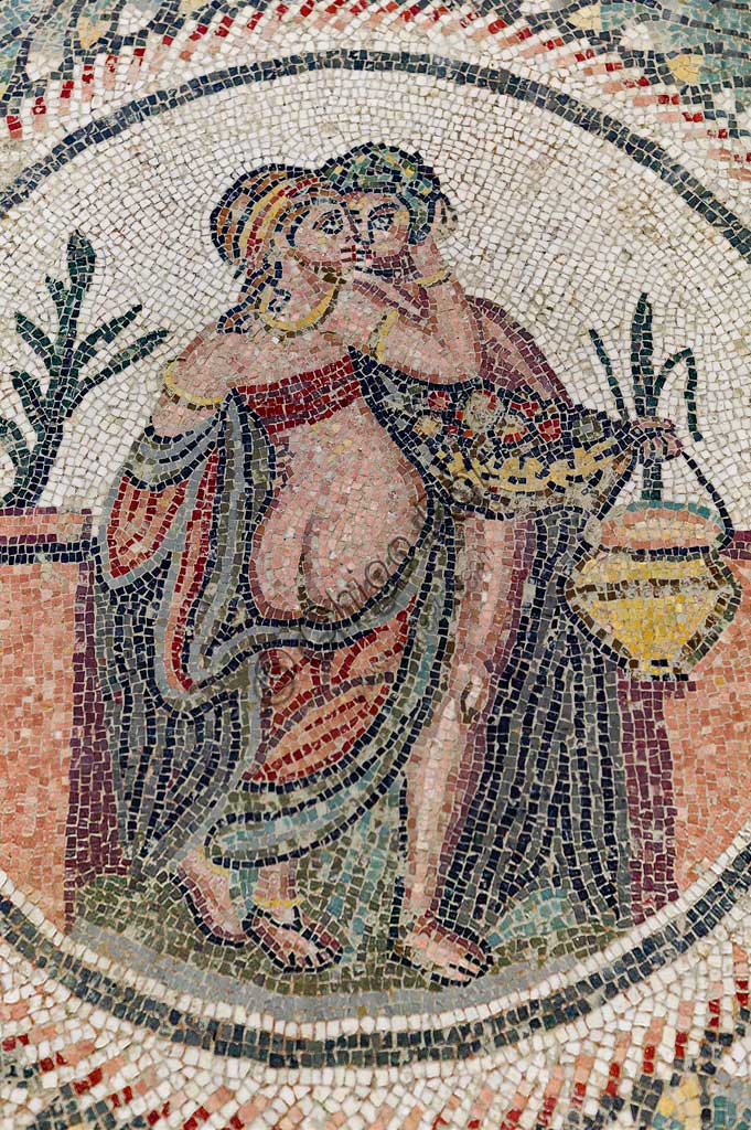 Piazza Armerina, Roman Villa of Casale, which was probably an imperial urban palace. Today it is a UNESCO World Heritage Site. Detail of the floor mosaic of the second cucbicle depicting an erotic scene.