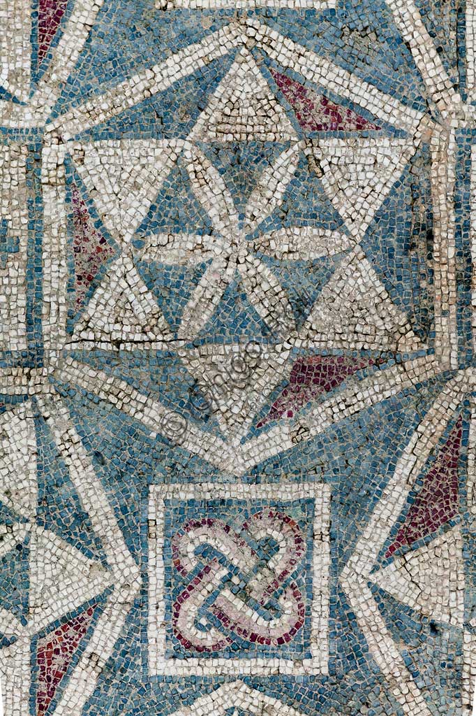 Piazza Armerina, Roman Villa of Casale, which was probably an imperial urban palace. Today it is a UNESCO World Heritage Site. Detail of the floor mosaic depicting geometric patterns.