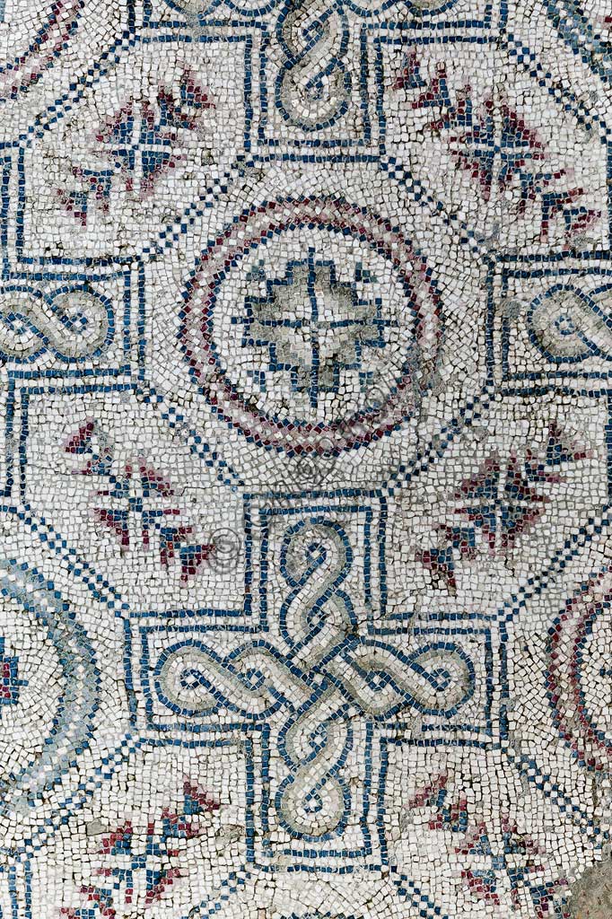 Piazza Armerina, Roman Villa of Casale, which was probably an imperial urban palace. Today it is a UNESCO World Heritage Site. Detail of the floor mosaic depicting geometric patterns.