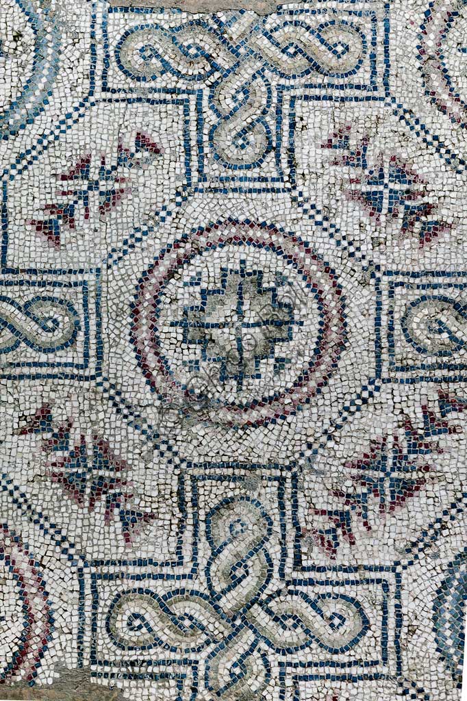 Piazza Armerina, Roman Villa of Casale, which was probably an imperial urban palace. Today it is a UNESCO World Heritage Site. Detail of the floor mosaic depicting geometric patterns.