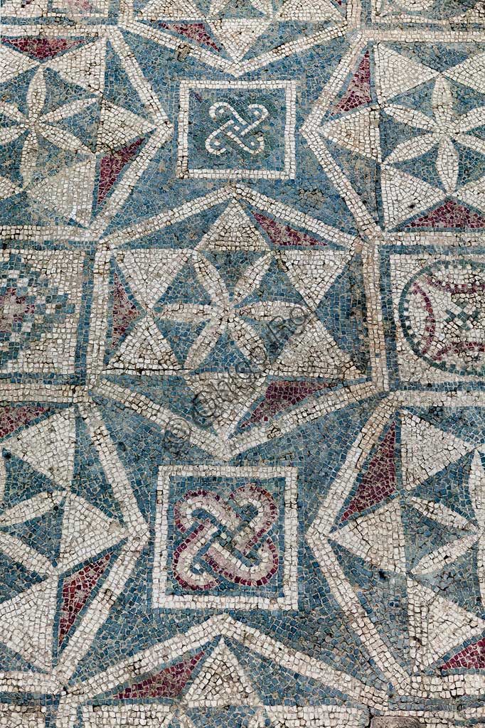 Piazza Armerina, Roman Villa of Casale, which was probably an imperial urban palace. Today it is a UNESCO World Heritage Site. Detail of the floor mosaic depicting geometric patterns.