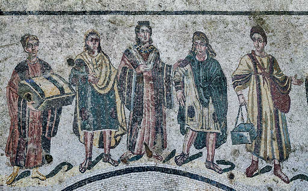 Piazza Armerina, Roman Villa of Casale, which was probably an imperial urban palace. Today it is a UNESCO World Heritage Site. Detail of the floor mosaic of the Spa dressing room, which depicts the landlady with her two sons and her maids.