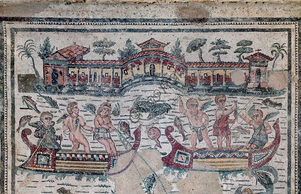 Piazza Armerina, Roman Villa of Casale, which was probably an imperial urban palace. Today it is a UNESCO World Heritage Site. Detail of the floor mosaic depicting fishermen and putti.
