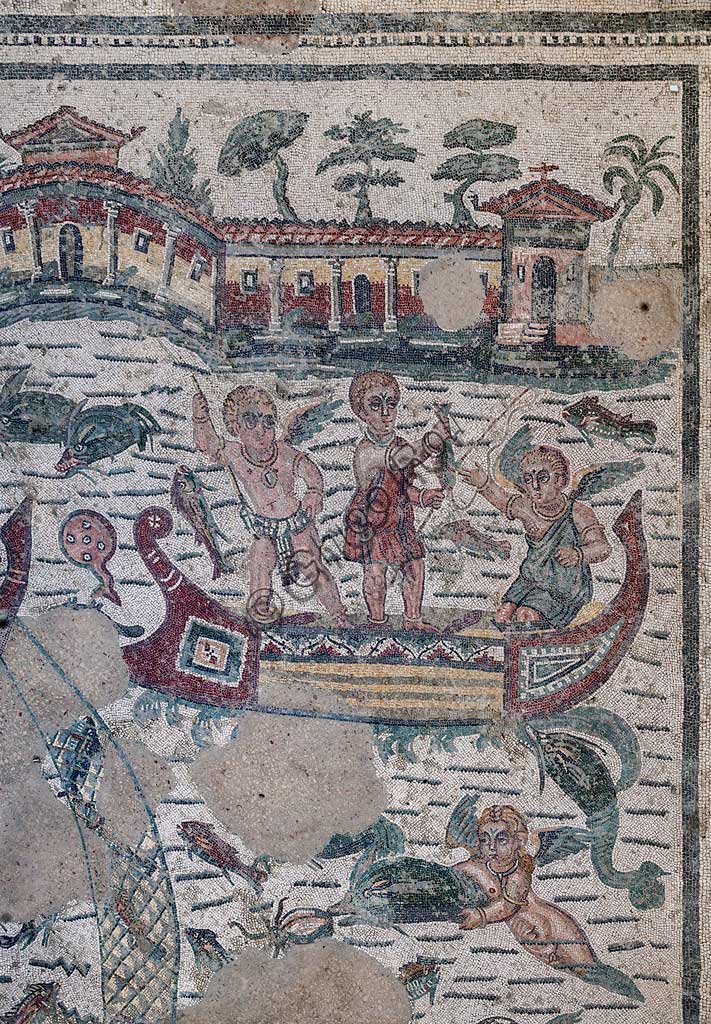 Piazza Armerina, Roman Villa of Casale, which was probably an imperial urban palace. Today it is a UNESCO World Heritage Site. Detail of the floor mosaic depicting fishermen and putti.