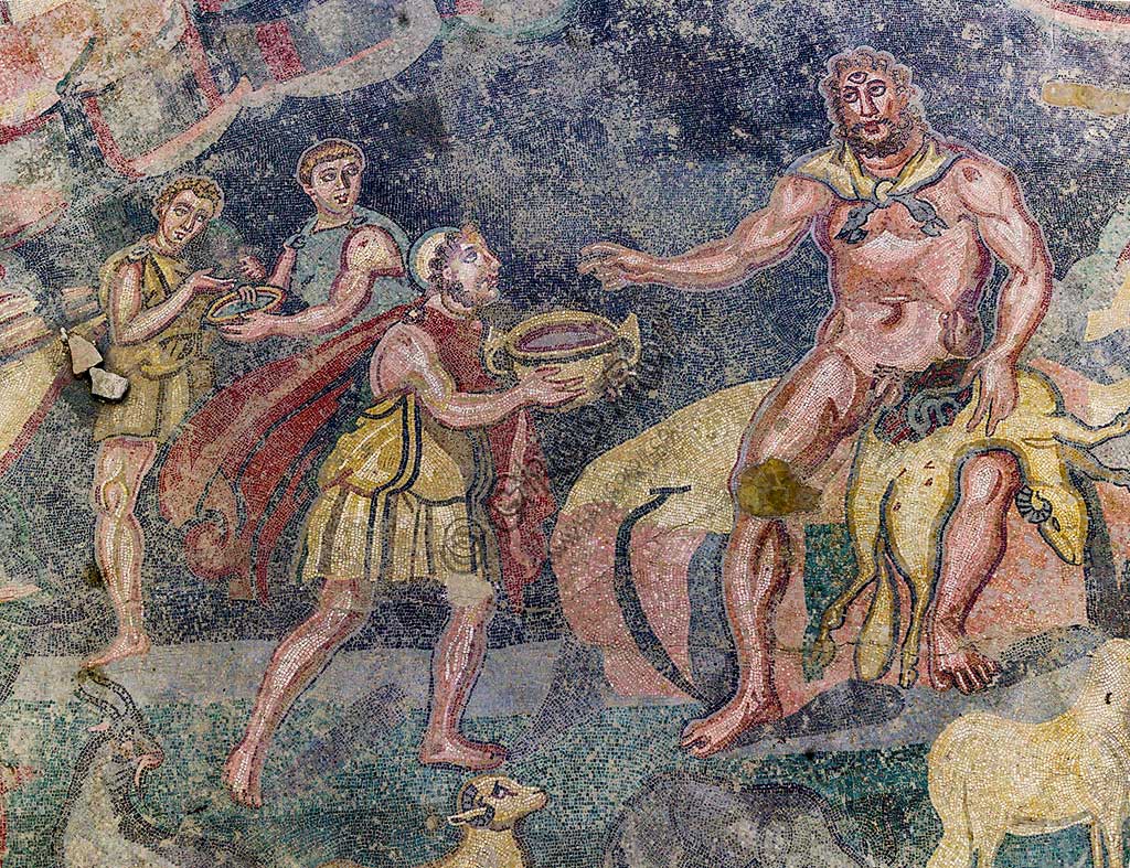 Piazza Armerina, Roman Villa of Casale, which was probably an imperial urban palace. Today it is a UNESCO World Heritage Site. Detail of the floor mosaic depicting the vestibule of Polyphemus.