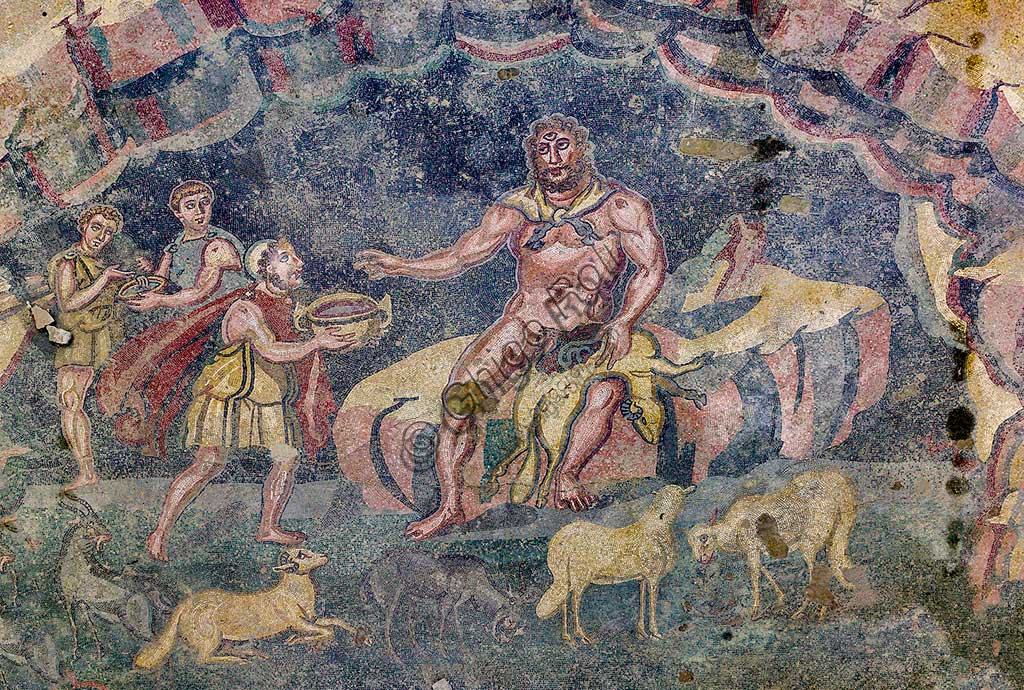Piazza Armerina, Roman Villa of Casale, which was probably an imperial urban palace. Today it is a UNESCO World Heritage Site. Detail of the floor mosaic depicting the vestibule of Polyphemus.