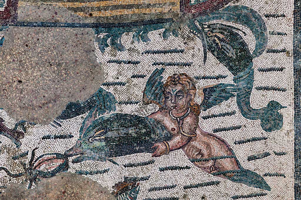 Piazza Armerina, Roman Villa of Casale, which was probably an imperial urban palace. Today it is a UNESCO World Heritage Site. Detail of the floor mosaic depicting putti.