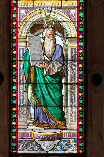 Genoa, Duomo (St. Lawrence Cathedral),   the Chapel of St. John the Baptist: stained glasses by Pompeo Bertini, 1870.Detail with Moses.