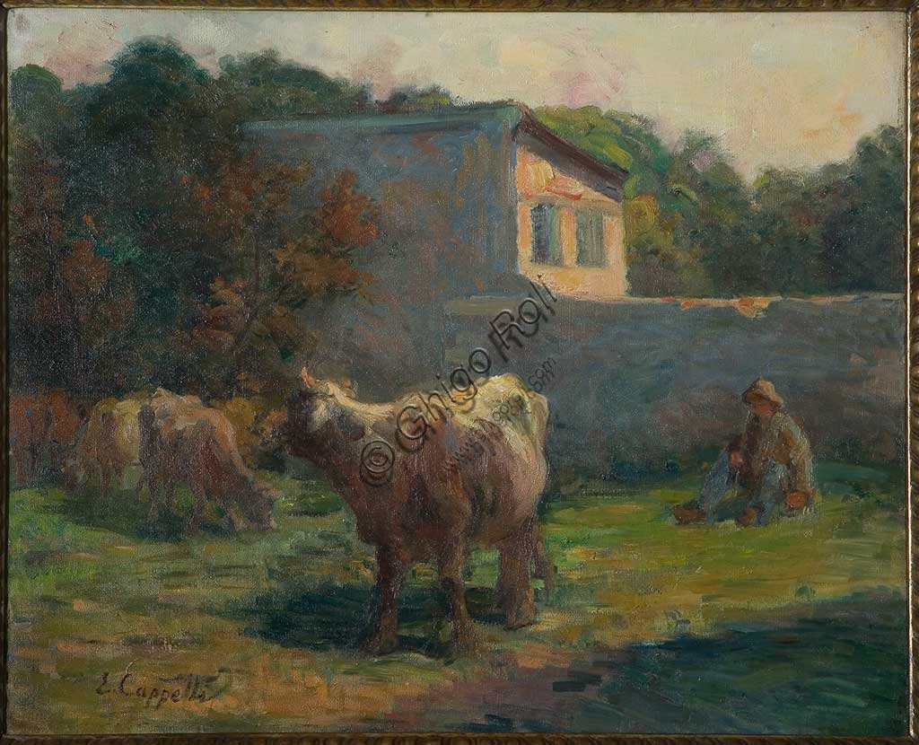 Collezione Assicoop - Unipol: "Mucche al pascolo", olio su tela, di Evaristo Cappelli (1868 - 1951).