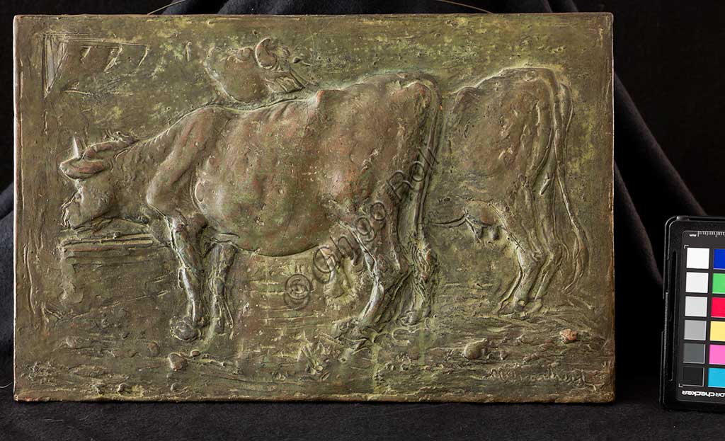 Assicoop - Unipol Collection:  Marino Quartieri; "Cows"; Earthenware bas relief, cm. 20,5 x 24,5.