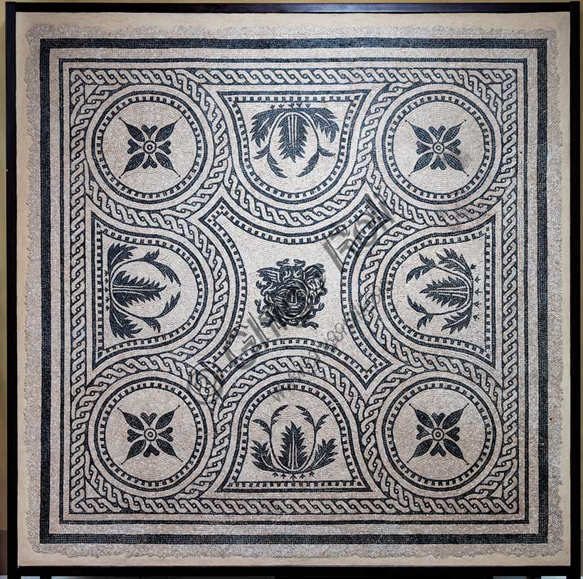 Museo Civico Archeologico di Bologna: pavimento musivo policromo da Via dei Mille - Via del Porto (Area del Seminario), con testa di Medusa.Inv. 19001