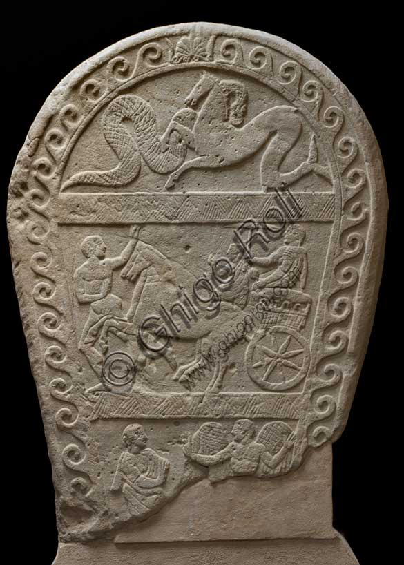 Museo Civico Archeologico di Bologna: Stele funeraria etrusca decorata su tre registri; proveniente dalla Certosa, tomba 37.Inv. Ducati_164
