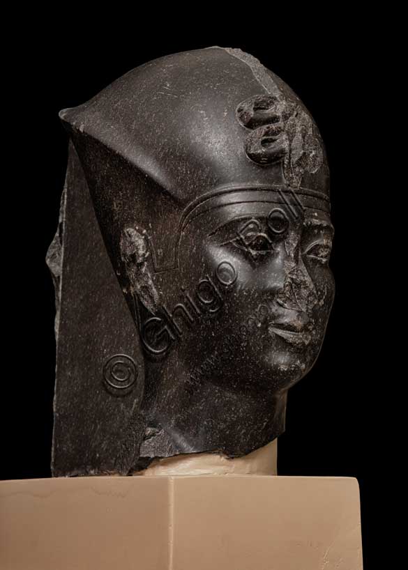 Museo Civico Archeologico di Bologna:  testa del faraone Apries (?).La testa apparteneva a una statua regale di notevole valore artistico ed è riconoscibile  per la presenza della corona azzurra, il tipico casco in cuoio indossato in guerra dai faraoni egiziani, sulla quale campeggia un serpente urèo dalle volute a doppia spirale.Inventario EG 1801.