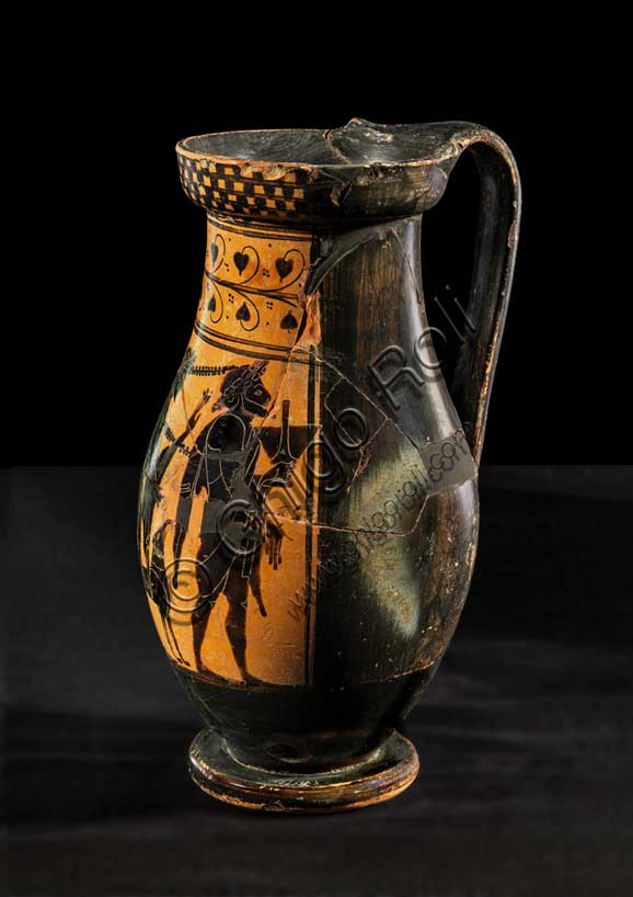 Museo Civico Archeologico di Bologna:olpe attica a figure nere con scena di komos.Dal sepolcreto Arnoaldi, tomba 80; Inv.  17834.