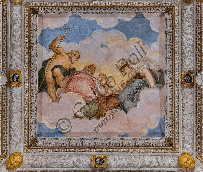 Civic Museum of Chiericati Palace, Hall of the Council of Gods: ceiling. Frescoes by Battista Zeloti. In the center, "Zeus, Juno, Neptune and Cybele", which represent fire, air, water and earth.
