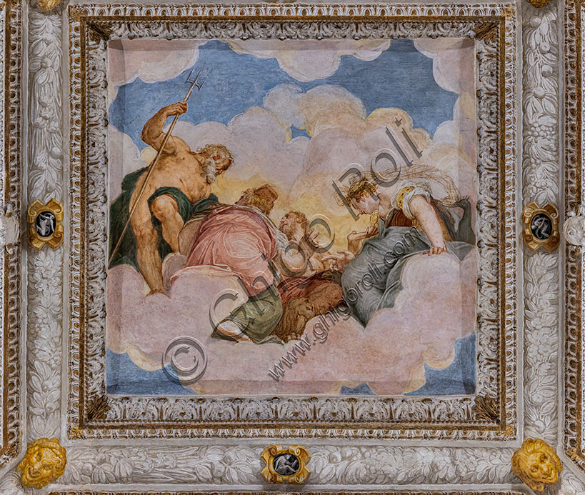 Museo di Palazzo Chiericati, Stanza del Concilio degli Dei: soffitto. Affreschi di Battista Zeloti. Al centro, “Zeus, Giunone, Nettuno e Cibele”, che rappresentano il fuoco, l’aria, l’acqua e la terra.  