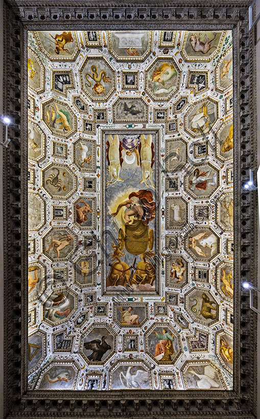 Civic Museum of Chiericati Palace, Hall of the Firmament: the ceiling with allegorical subject (1557-8). In the centre, “Phaeton loses control of the chariot of the Sun and the horses. Behind him, the chariot of the Moon driven by Diana ”. The frescoes in the panels represent the constellations. The white and golden stucco squares are by Bartolomeo Ridolfi. The frescoes are by Domenico Riccio, known as Brusasorzi. The grotesques are by Eliodoro Forbicini.The cycle represents an example of sixteenth-century astrological studies.