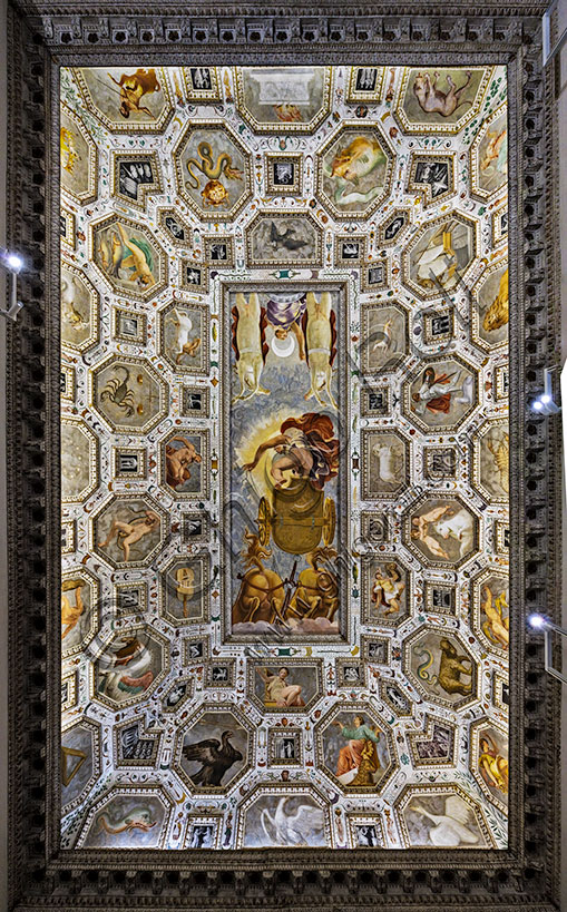 Museo di Palazzo Chiericati, Stanza del Firmamento: soffitto a soggetto allegorico (1557-8). Al centro, “Fetonte perde il controllo del carro del Sole e dei cavalli. Alle sue spalle, il carro della Luna guidato da Diana”. Gli affreschi dei riquadri rappresentano le costellazioni.  Le quadrature in stucco bianche e dorate sono di Bartolomeo Ridolfi. Gli affreschi sono di Domenico Riccio, detto il Brusasorzi. Le grottesche sono di Eliodoro Forbicini. Il ciclo rappresenta un esempio degli studi astrologici cinquecenteschi.