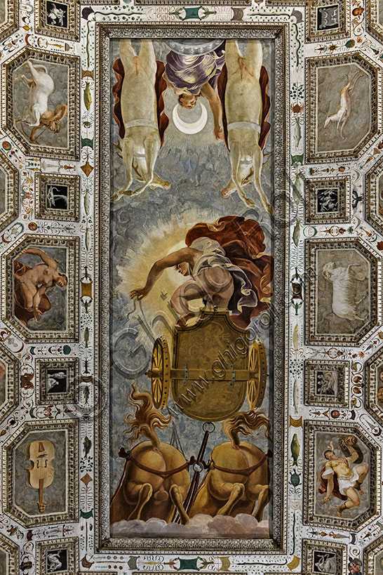 Civic Museum of Chiericati Palace, Hall of the Firmament: the ceiling with allegorical subject (1557-8). In the centre, “Phaeton loses control of the chariot of the Sun and the horses. Behind him, the chariot of the Moon driven by Diana ”. The frescoes in the panels represent the constellations. The white and golden stucco squares are by Bartolomeo Ridolfi. The frescoes are by Domenico Riccio, known as Brusasorzi. The grotesques are by Eliodoro Forbicini.The cycle represents an example of sixteenth-century astrological studies.