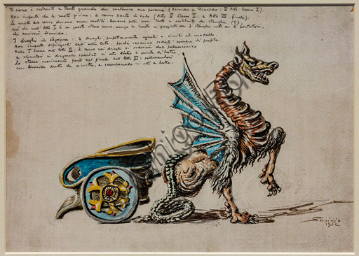 Museo Novecento: Act II, first scene and third act, stage equipment: The Chariot of Armida for "Armida" by G. Rossini. Sketch by Alberto Savinio, 1952. Pencile and tempera on a canvas board.