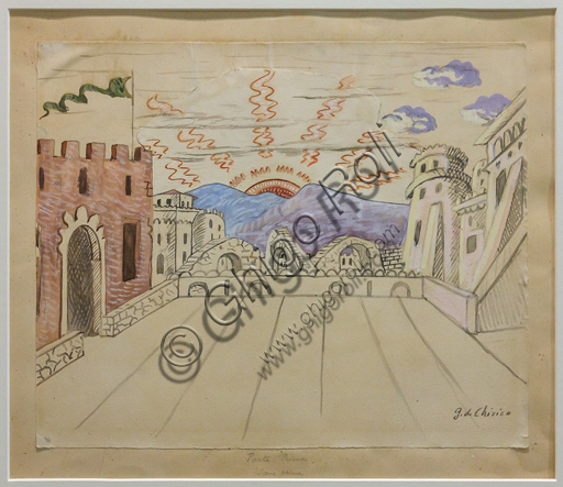 Museo Novecento:"Atto primo, scena prima per I Puritani, di Vincenzo Bellini", di Giorgio De Chirico, 1933. Matita e tempera acquarellata su carta incollata su cartoncino.