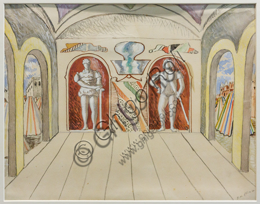 Museo Novecento: "First act, third scene for The Puritans, by V. Bellini", by Giorgio De Chirico. Pencil and watercoloured tempera on paper sticked on cardboard.