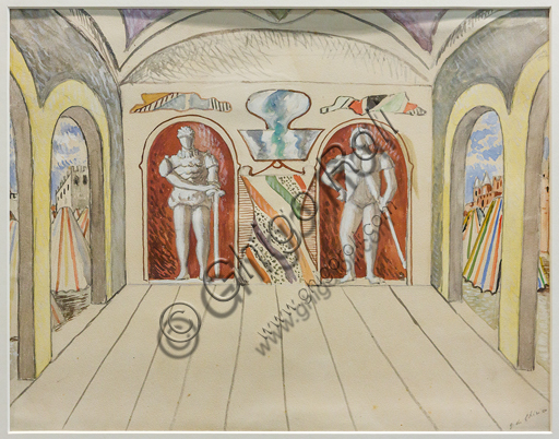 Museo Novecento:"Atto primo, scena terza per I Puritani, di Vincenzo Bellini", di Giorgio De Chirico, 1933. Matita e tempera acquarellata su carta incollata su cartoncino.