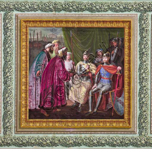 Palermo, The Royal Palace or Palazzo dei Normanni (Palace of the Normans), The Royal Apartment, The Yellow Room: "Muslims offering presents to the Altavilla Brothers",  dry wall painting by Giuseppe Patania, about 1835.