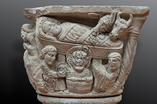  "Nativity and stories of the Childhood of Christ", capital of Campionese artists, second part of the XII century. Detail.