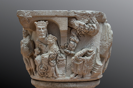  "Nativity and stories of the Childhood of Christ", capital of Campionese artists, second part of the XII century. Detail.