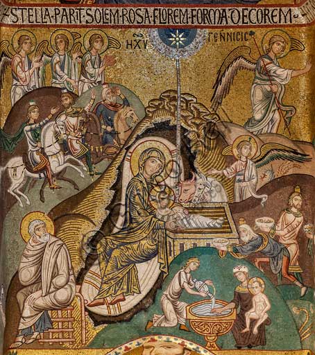 Palermo, Palazzo Reale o Palazzo dei Normanni,  Cappella Palatina (Basilica), abside meridionale o absidiola di San Paolo, mosaici: "Natività", secolo XII.